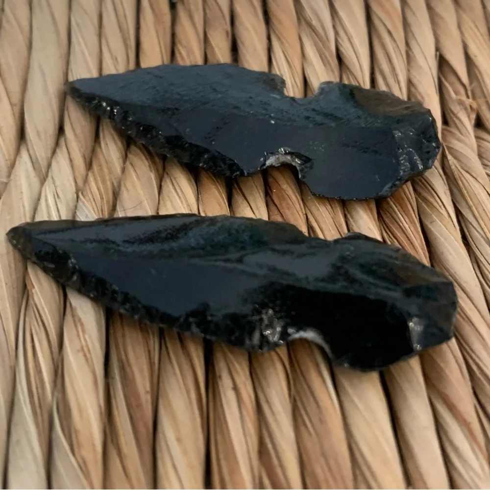 2 Black Obsidian Arrowheads Points Hand Knapped Dragon Glass Arrowhead Set 1.7